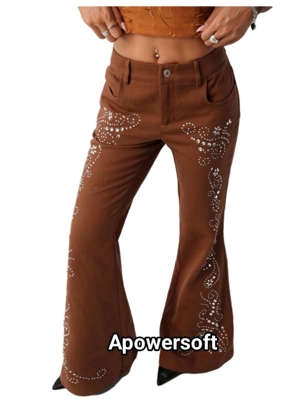 Brown Rhinestone Floral Flare Jeans Western Glam Festival XS